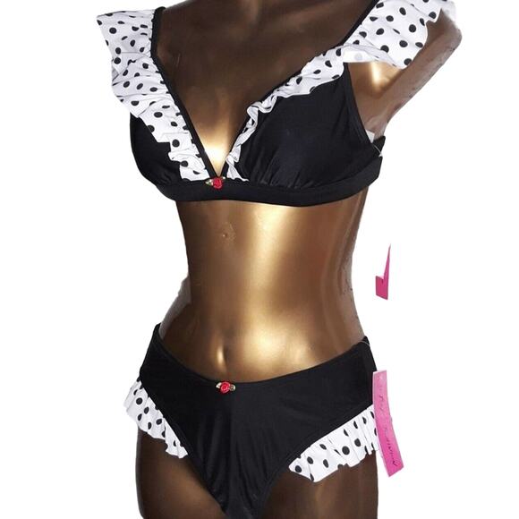 NWT Betsey Johnson Sz L DOTS AMORE Polka Dot Ruffle Bikini Top - Picture 4 of 8